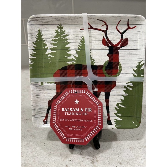 Set 4 REINDEER Balsam & Fir Christmas APPETIZER Plates Melamine 6" Holiday Plate - Picture 1 of 4